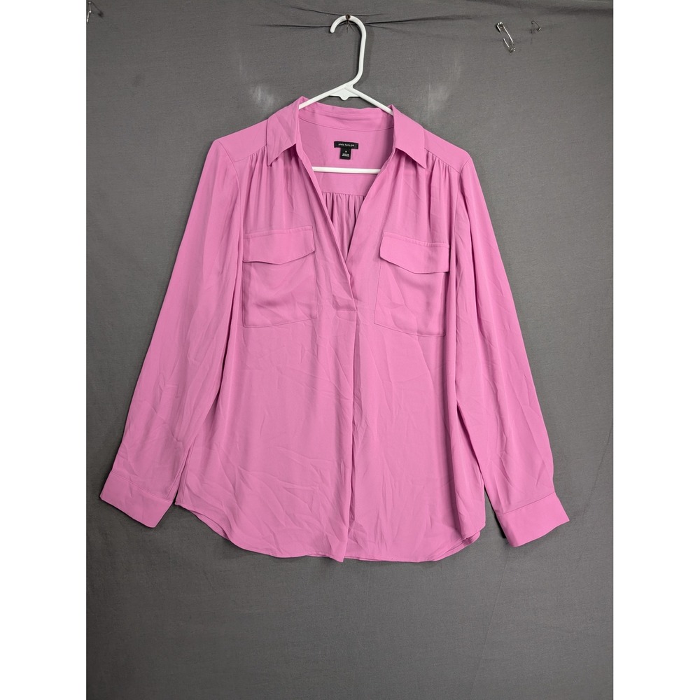 Ann Taylor Womens Pink V-Neck Long Sleeve Utility Blouse Size M
